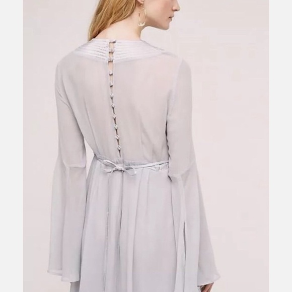 Anthropologie Ghost London Belled Gray Blue Peasant Boho Dress Tie Button Small - Picture 6 of 10